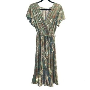 Yuma Green Floral Ruffle Dress V Neck Boho Size S/M